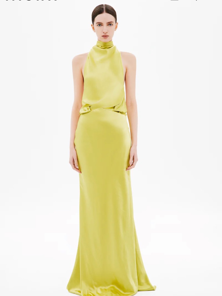 Satin High-Neck Lime Green Evening Gown